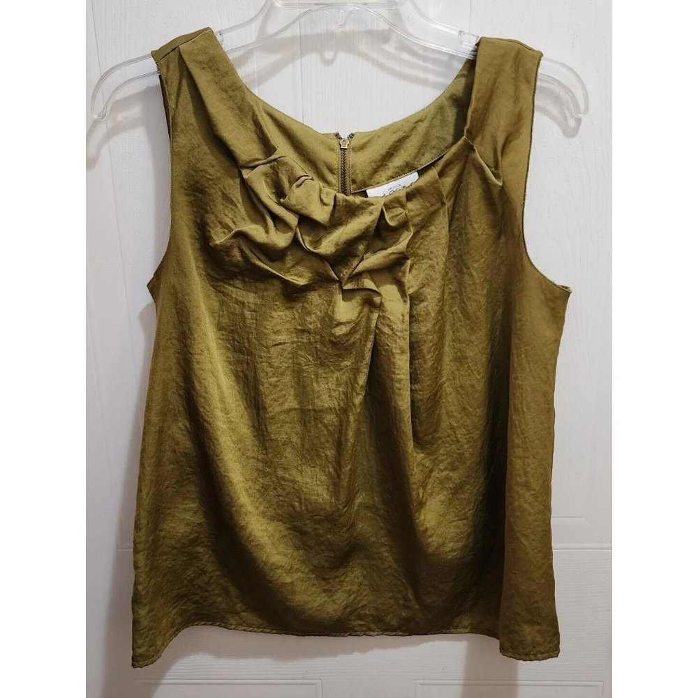 Loft Women's Sleeveless Ruffle Scrunch Neck Blouse Top Satin Feel Green Size MP